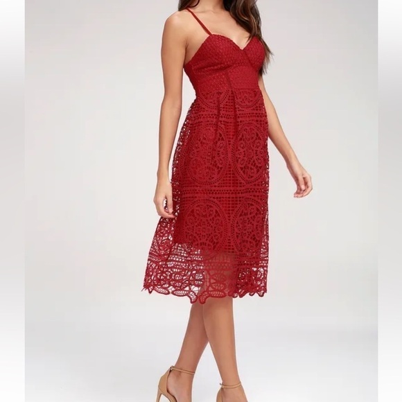 Lulus Dresses & Skirts - Lulus Real Life Dream Berry Red Lace Midi Dress